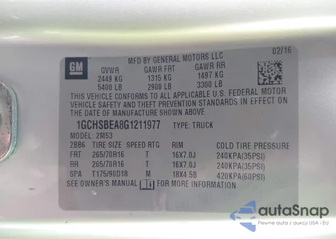 2016 Chevrolet Colorado Wt z USA, uszkodzony, nr VIN 1GCHSBEA8G1211977